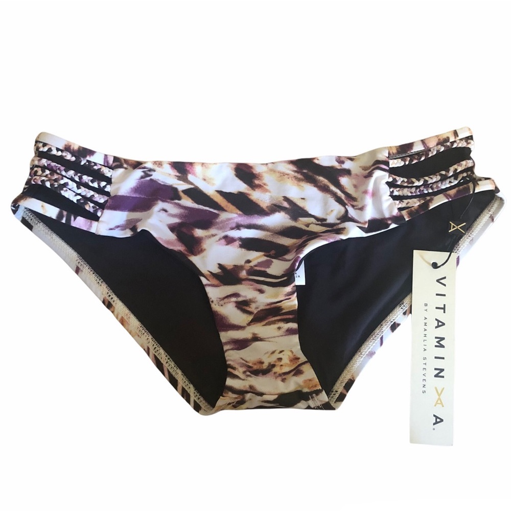 VITAMIN A NWT WATER COLOR ABSTRACT SWIM BIKINI BOTTOMS XS WHITE PURPLE